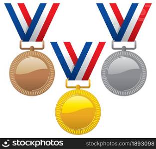 vector set of gold, silver and bronze medals with ribbons. champion award medal icons. sport winner symbols isolated on white background.. eps10 illustration