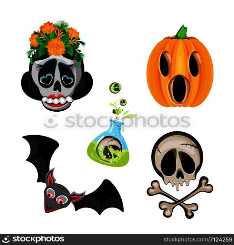 Vector set of halloween characters witch, bat, skull with crossbones and Pumpkin Jacks. On a transparent background