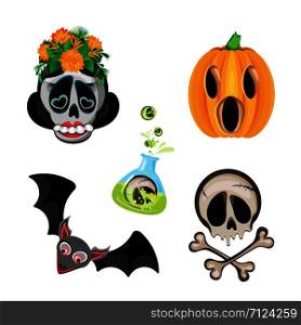 Vector set of halloween characters witch, bat, skull with crossbones and Pumpkin Jacks. On a transparent background