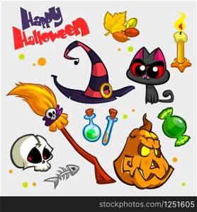 Vector set of Halloween pumpkin and attributes icons. Witch cat, pumpkin head, skull, witch hat, poison bottle, broomstick, big candy, candle and fish skeleton.