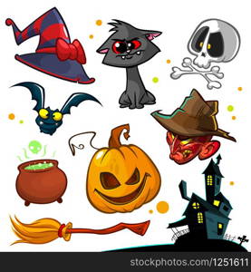 Vector set of Halloween pumpkin and attributes icons. Witch cat, pumpkin head, skull, witch hat, poisonpot, broomstick, and haunted house