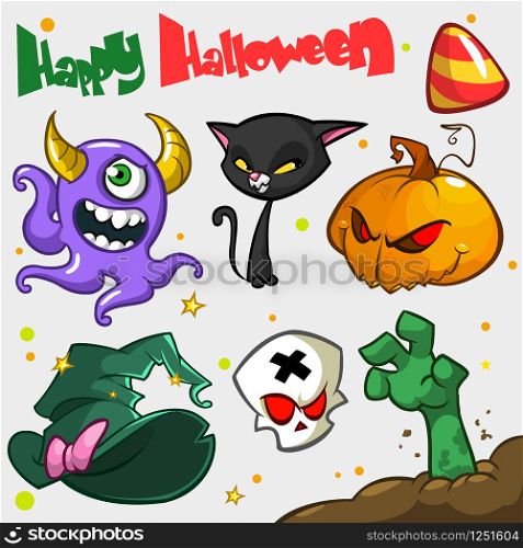 Vector set of Halloween pumpkin and attributes icons for decoration. Witch cat, pumpkin head, skull, witch hat, zombie hand, violet monster, big candy.