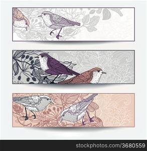 vector set of hand drawn banners with birds and plants