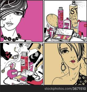vector set of hand drawn cards with cosmetics and young girls