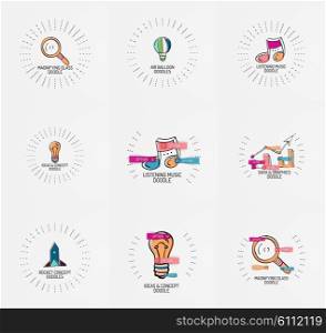 Vector set of hand drawn design elements in circles - magnifier, music note light bulb, speech bubble and other