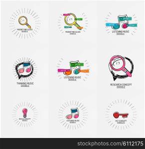 Vector set of hand drawn design elements in circles - magnifier, music note light bulb, speech bubble and other