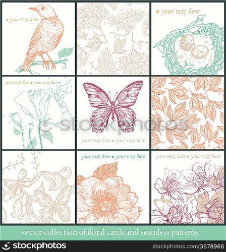 vector set of hand-drawn floral cards and seamless patterns