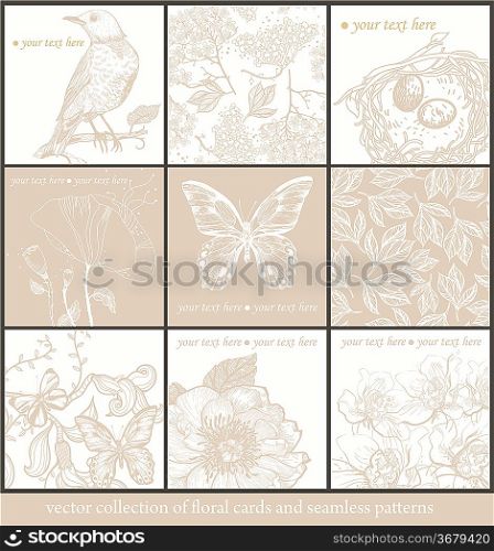 vector set of hand drawn floral cards and seamless patterns