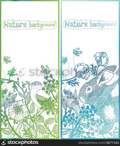 vector set of hand drawn floral cards with plants and animals