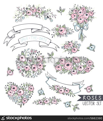 vector set of hand drawn floral elements and ribbons