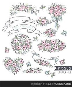 vector set of hand drawn floral elements and ribbons