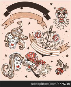 vector set of hand drawn floral elements, ribbons and vintage pirate skulls