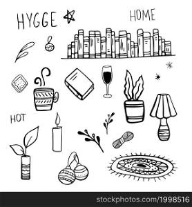 Vector set of hand drawn hygge elements doodles.. Vector set of hand drawn home hygge elements doodles