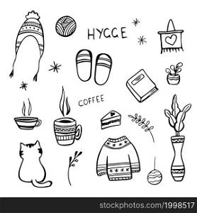 Vector set of hand drawn hygge elements doodles.. Vector set of hand drawn home hygge elements doodles