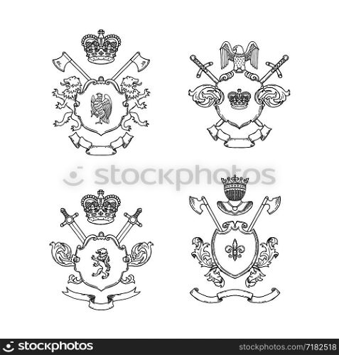 Vector set of hand drawn line heraldics badge illustration isolated on white. Vector hand drawn heraldics illustration