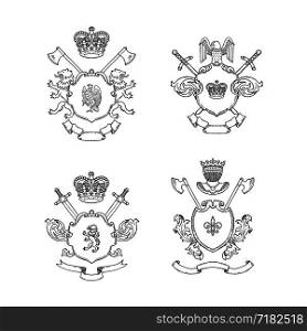 Vector set of hand drawn line heraldics badge illustration isolated on white. Vector hand drawn heraldics illustration