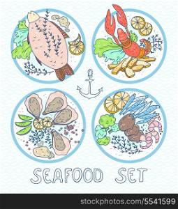 vector set of hand drawn plates with sea food