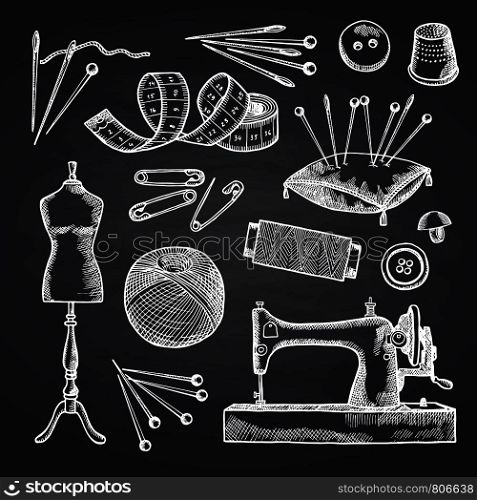 Vector set of hand drawn sewing elements on black chalkboard illustration. Tools for hand work and sew. Vector set of hand drawn sewing elements on black chalkboard illustration