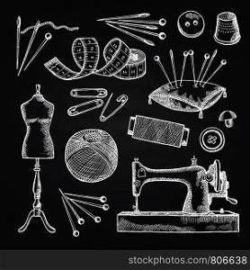 Vector set of hand drawn sewing elements on black chalkboard illustration. Tools for hand work and sew. Vector set of hand drawn sewing elements on black chalkboard illustration