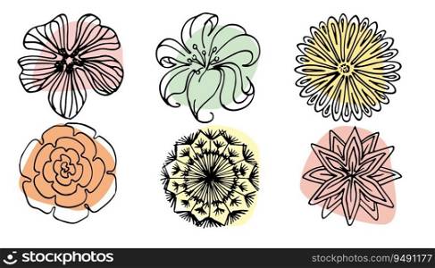 Vector set of hand drawn, single continuous line flowers, leaves. Art floral elements.. Vector set of hand drawn, single continuous line flowers, leaves. Art floral elements. Use for t-shirt prints, logos, cosmetics and beauty design elements
