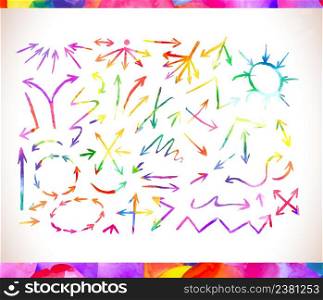 Vector set of hand drawn watercolor arrows.. Rainbow colors arrow collection