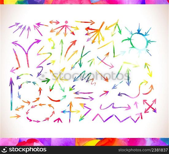 Vector set of hand drawn watercolor arrows. Rainbow colors arrow collection