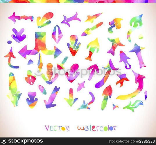 Vector set of hand drawn watercolor arrows.. Rainbow colors arrow collection