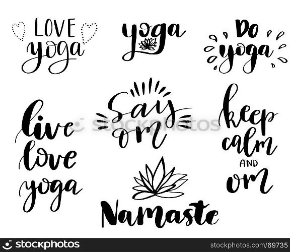 Vector set of hand lettering inscriptions about yoga. Can be used for posters, banners, print, card, logo. Vector set of hand lettering inscriptions about yoga. Can be used for posters, banners, print, card, logo.