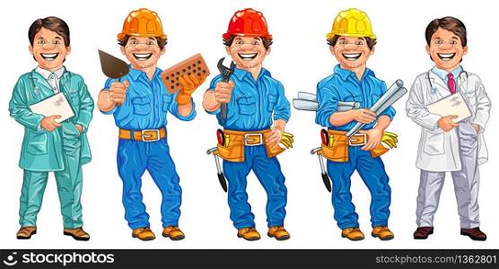 Vector set of happy doctor, veterinarian, locksmith with the adjustable spanner, mason with brick and trowel and engineer with the drawings. vector set of workers