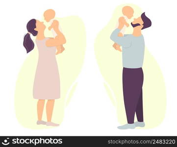 Vector set of happy parents. A man and a woman are holding a newborn baby. Vector. flat illustration for design, decoration, print and postcards