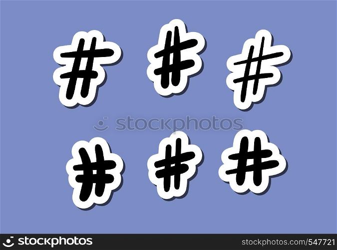 Vector set of hashtag sign stickers. Handwritten element for social media networks.