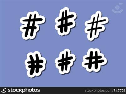 Vector set of hashtag sign stickers. Handwritten element for social media networks.