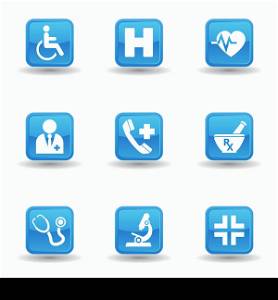 Vector set of health and medical web icon and design elements on blue glossy badges for hospital, ambulatory, clinic or other health care institution. EPS 10 illustration on white background.