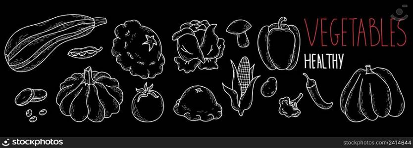 Vector Set of healthy food vegetables. Pumpkin and patisson, zucchini, cabbage, tomatoes and mushrooms, corn and chili peppers, broccoli. Isolated linear chalk hand drawing on black background