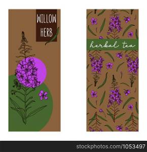 Vector set of herbal tea labels with willow herb, chamerion angustifolium, fireweed. Packaging template. Healthy natural product, herbal tea.. Vector set of herbal tea labels with willow herb. Packaging template. Healthy natural product, herbal tea.