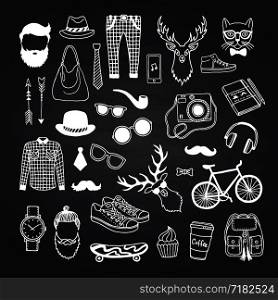 Vector set of hipster doodle icons bike and beard on black chalkboard illustration. Vector hipster doodle icons on black chalkboard illustration