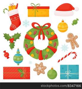 Vector set of holiday elements with Christmas balls, gingerbread, wreath, gifts, Christmas sock. Vector illustration isolated on white background.. Vector set of holiday elements with Christmas balls, gingerbread, wreath, gifts, Christmas sock.