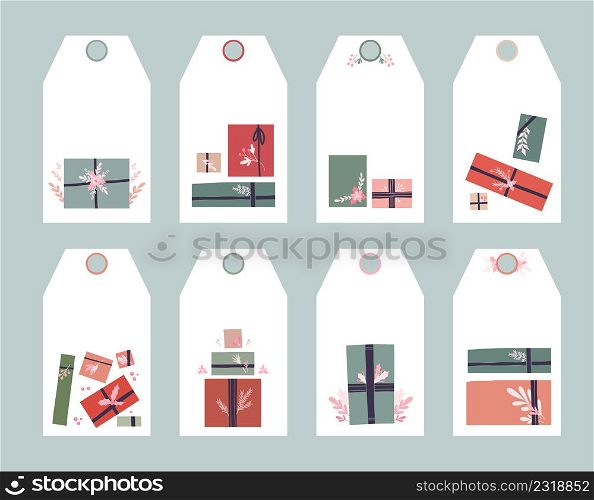 Vector set of holiday tags with hygge gift boxes with ribbons, branches decorations and copy space. Collection with label template with presents in pastel colors and stems with foliage and flowers. Vector set of holiday tags with hygge gift boxes with ribbons, branches decorations and copy space. Collection with label template with presents in pastel colors