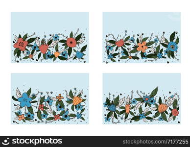 Vector set of horizontal banners templates with field flowers and leaves set. Doodle style backgrounds with space for text.