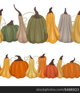 Vector set of horizontal pumpkin borders. Col≤ction of seam≤ss ve≥tab≤friezes. Autumn garland for frames, postcards, scrapbooking and your design. Vector set of horizontal pumpkin borders. Col≤ction of seam≤ss ve≥tab≤friezes. Autumn garland