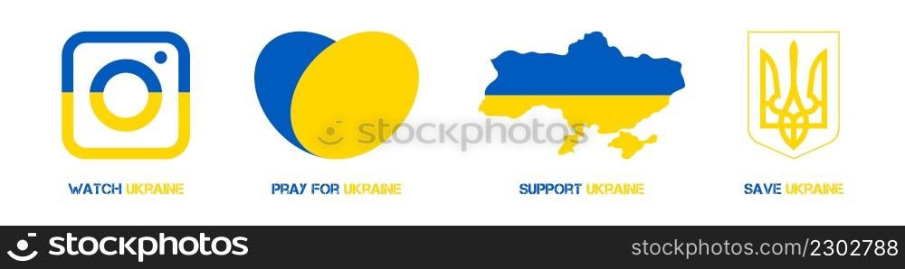 vector set of icons with support, help, prayer and observation in the colors of the Ukrainian flag