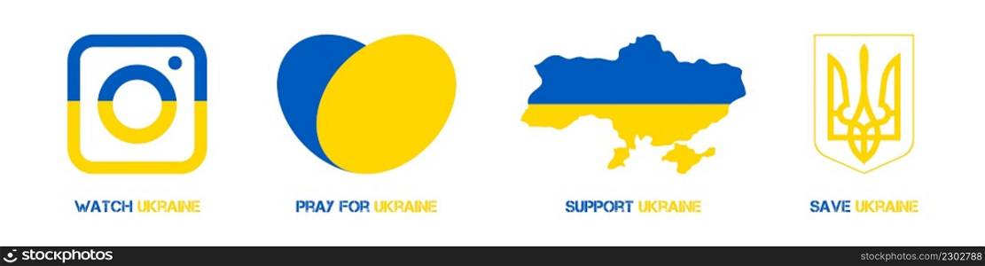 vector set of icons with support, help, prayer and observation in the colors of the Ukrainian flag