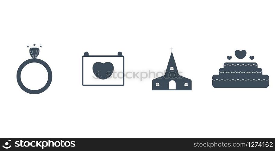 Vector set of icons with wedding symbols - wedding ring, calendar, church, cake.