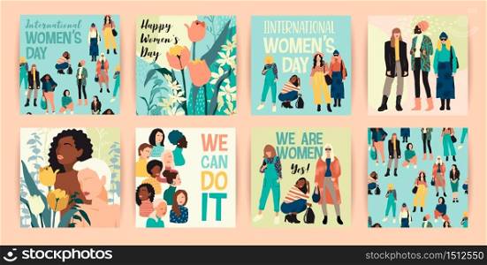 Vector set of illustrations with abstract women with different skin colors. International Womens Day. Struggle for freedom, independence, equality. Lifestyle, street fashion.. Vector set of illustrations with abstract women with different skin colors. International Womens Day. Struggle for freedom, independence, equality.