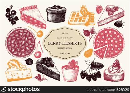 Vector set of ink hand drawn fruit desserts. Traditional cake, tart and pie sketch collection. Decorative harvest illustration. Sweet bakery. Top view.