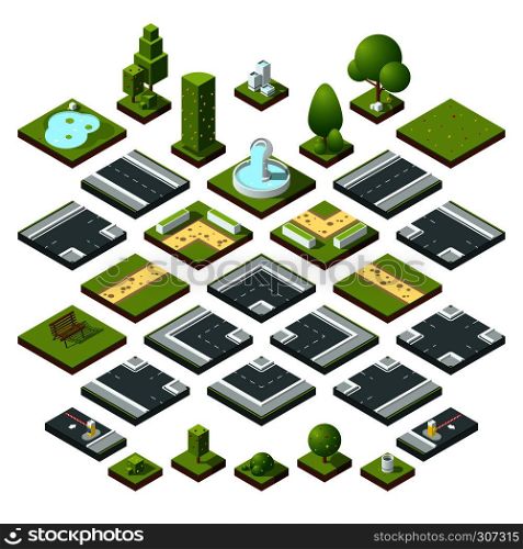 Vector set of isometric city elements, crossroads, road, garden decoration. Benches, fountain trees and bushes. Construction road and elements bench and flora, illustration of corner road. Vector set of isometric city elements, crossroads, road, garden decoration. Benches, fountain trees and bushes