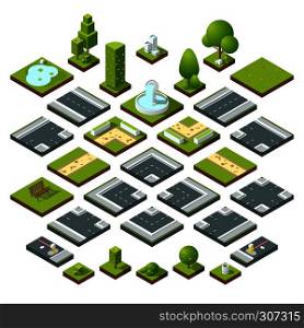Vector set of isometric city elements, crossroads, road, garden decoration. Benches, fountain trees and bushes. Construction road and elements bench and flora, illustration of corner road. Vector set of isometric city elements, crossroads, road, garden decoration. Benches, fountain trees and bushes