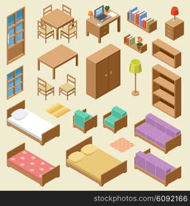Vector set of isometric furniture on the beige background