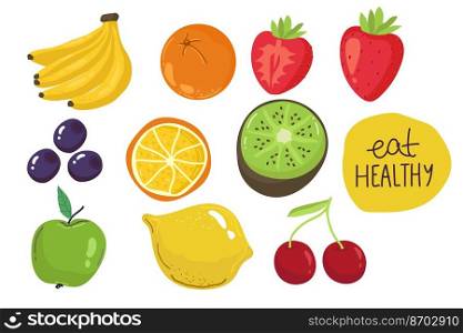 Vector set of juicy fruits and vegetables in cartoon style . Healthy lifestyle, vegetarianism. Vector set of juicy fruits and vegetables in cartoon style . Healthy lifestyle, vegetarianism,