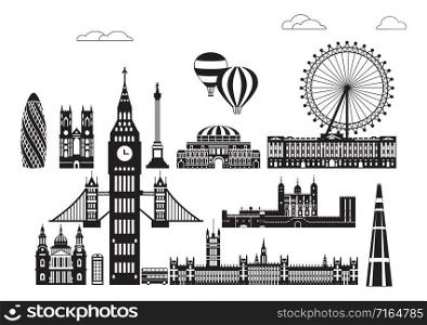 Vector set of landmarks of London. City Skyline vector Illustration in black and white colors isolated on white background. Vector silhouette Illustration of landmarks of London, England.